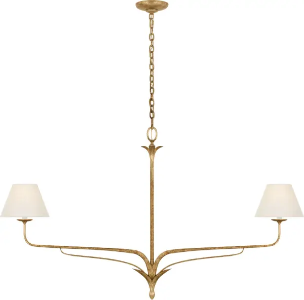 The Amalfi linear chandelier brings refined elegance to large spaces with its 57-inch span and Milano Gold finish. Linen shades provide soft, diffused light perfect for dining and entertaining areas.