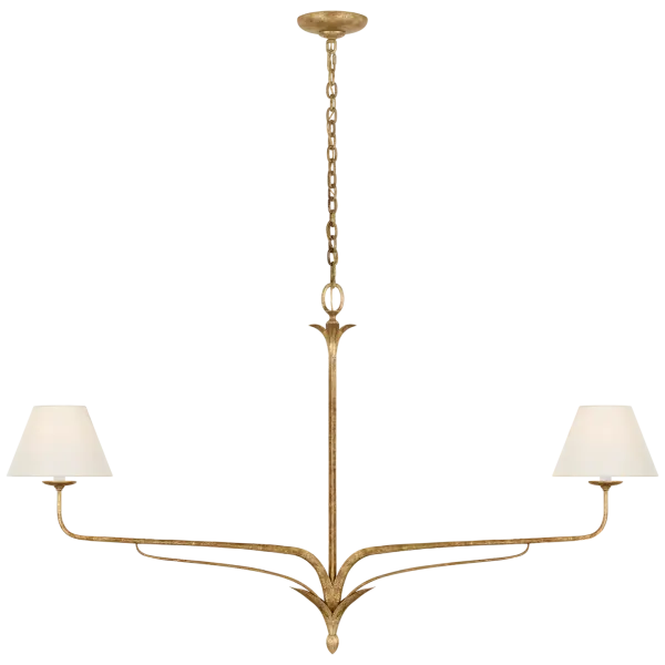 The Amalfi linear chandelier brings refined elegance to large spaces with its 57-inch span and Milano Gold finish. Linen shades provide soft, diffused light perfect for dining and entertaining areas. - alternate view