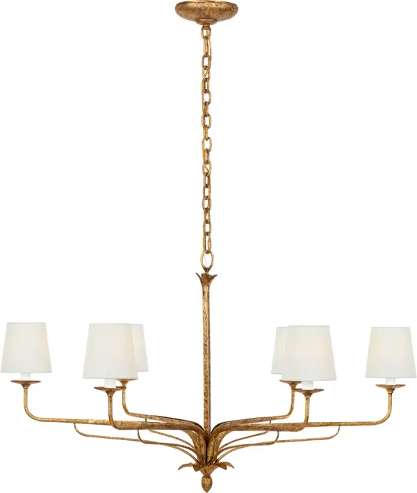 The Amalfi chandelier brings refined elegance to large spaces with its 41-inch linear design. The Milano Gold finish paired with linen shades creates a warm, inviting glow perfect for dining rooms and kitchen islands.