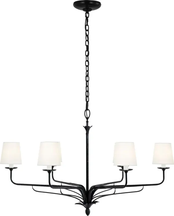 The Amalfi 41" chandelier combines substantial scale with refined elegance. Its waxed black finish and linen shades create a sophisticated focal point perfect for formal dining rooms and grand living spaces.