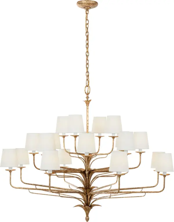 The Amalfi 50" chandelier commands attention with its impressive three-tiered design and warm Milano Gold finish. Linen shades soften the light while the substantial 50-inch diameter makes it perfect for grand dining rooms and dramatic foyers.
