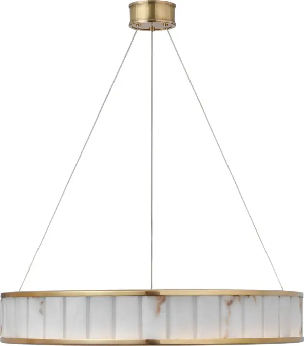 The Iterna Ring Chandelier combines architectural sophistication with timeless materials. Its 30-inch diameter makes a bold statement while the antique-burnished brass finish and alabaster diffuser create warm, inviting illumination perfect for upscale residential and hospitality spaces.