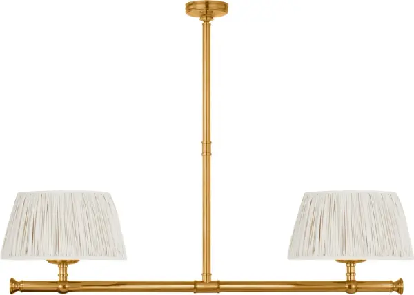 The Marion 56" Linear Chandelier combines classic elegance with modern proportions. Its antique-burnished brass finish and champagne silk pleated shades create warm, sophisticated lighting perfect for dining rooms and kitchen islands.
