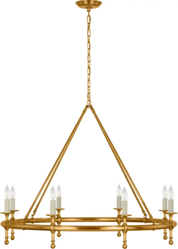 This substantial 42-inch ring chandelier combines classic proportions with a sophisticated antique-burnished brass finish. The generous scale makes a bold statement in dining rooms and foyers while maintaining elegant simplicity.