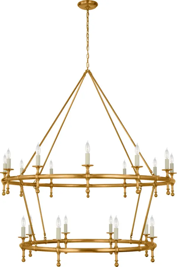 This impressive 54-inch two-tier ring chandelier commands attention in grand spaces with its substantial scale and classic design. The antique-burnished brass finish adds warmth and sophistication to traditional and transitional interiors.