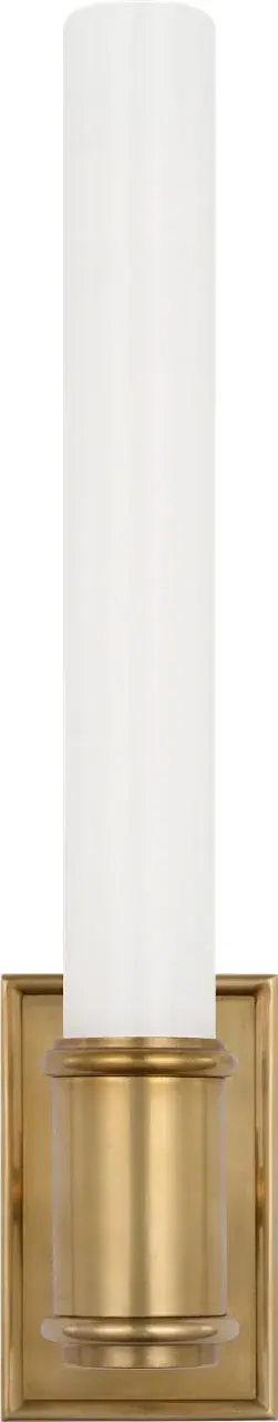 The Owen 14" bath light combines antique-burnished brass with clean white glass for a sophisticated vanity solution. Its transitional design bridges traditional warmth and contemporary simplicity, making it versatile for various bathroom styles.