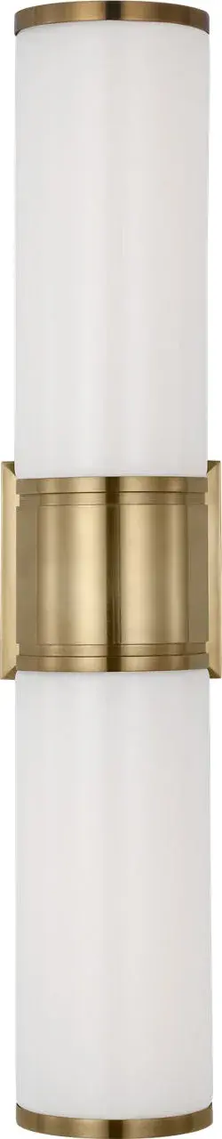 The Halford 22" Double Bath Sconce combines classic design with modern functionality. Its antique-burnished brass finish and white glass shades create a sophisticated look ideal for bathroom vanities and hallways.