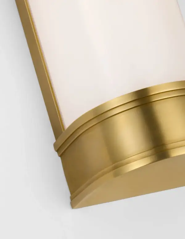 The Marden 18" Salon Bath Sconce combines classic salon styling with transitional elegance. Its antique-burnished brass finish and white glass shade create sophisticated ambient lighting perfect for bathrooms and vanity areas. - alternate view