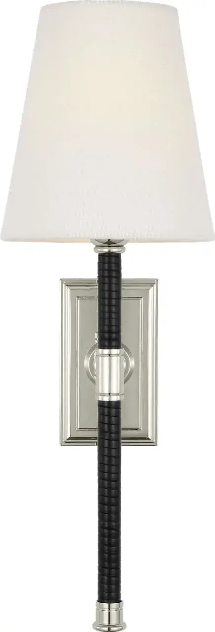 The Basden Tail Sconce blends polished nickel with black rattan detailing and a soft linen shade, creating a sophisticated coastal aesthetic. Its 16-inch profile provides ample illumination while adding organic texture to any space. - alternate view