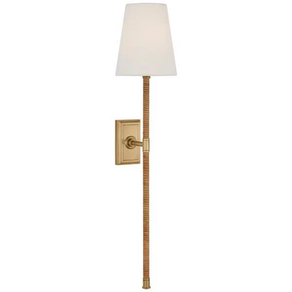 The Basden Tail Sconce combines antique-burnished brass with natural rattan for a refined organic aesthetic. At 29 inches, it makes a statement while maintaining versatility across traditional and contemporary spaces. - alternate view