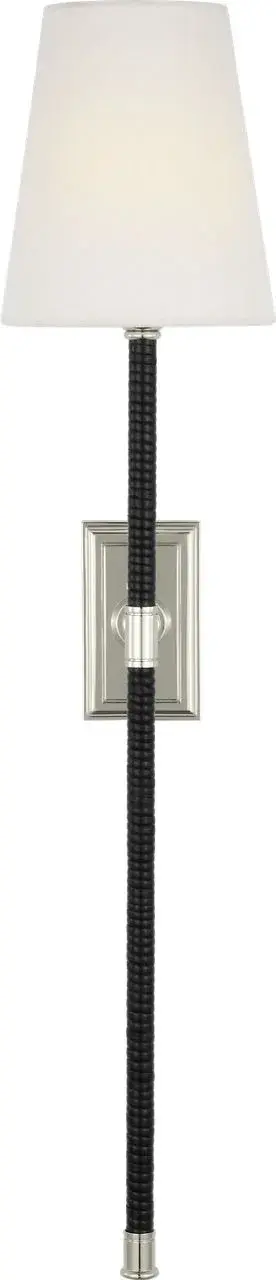 The Basden 29" Tail Sconce beautifully blends polished nickel with black rattan and linen, creating a refined coastal aesthetic. Its generous 29" height makes a statement while providing functional ambient lighting. - alternate view