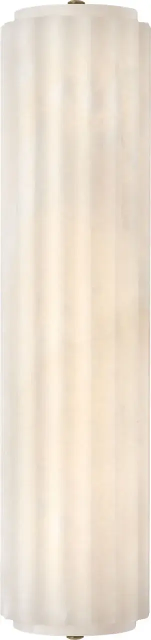 The Madden sconce combines fluted alabaster with antique-burnished brass for a sophisticated linear profile. Its 19-inch width makes it ideal for vanity lighting or flanking mirrors, delivering warm ambient light with timeless elegance.