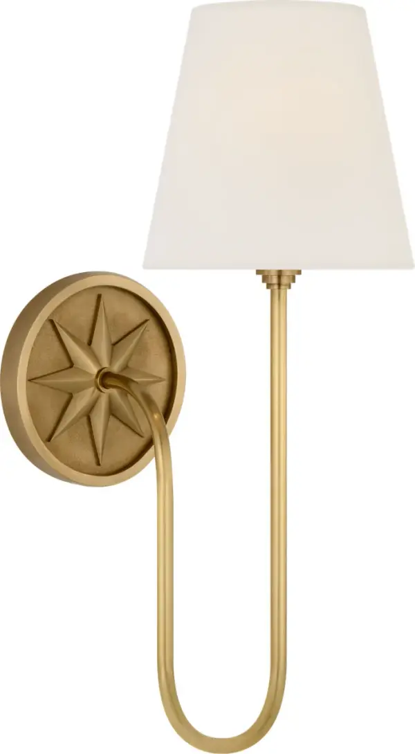 The Polaris 17" sconce combines antique-burnished brass with a classic linen shade for sophisticated ambient lighting. Its generous size and transitional design make it versatile for both traditional and contemporary interiors. - alternate view