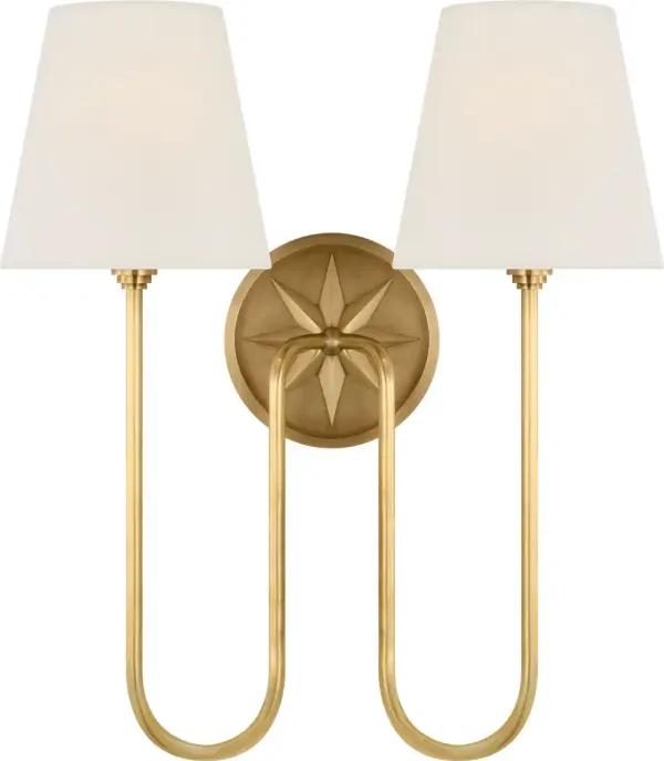 Polaris 17" Double Sconce in Antique-Burnished Brass with Linen Shades - Image 1
