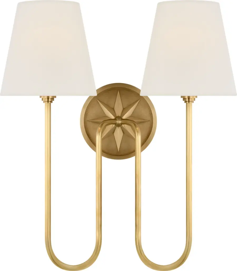 Polaris 17" Double Sconce in Antique-Burnished Brass with Linen Shades - Image 1