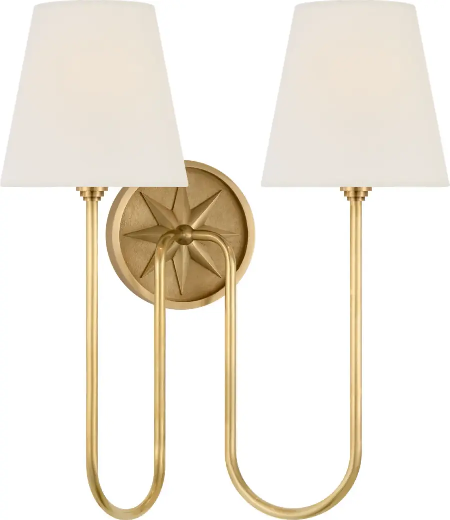 Polaris 17" Double Sconce in Antique-Burnished Brass with Linen Shades - Image 2