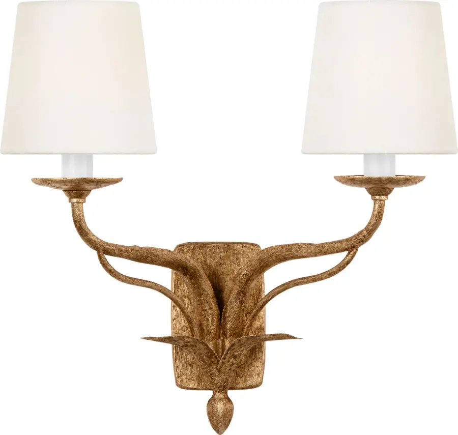 Elegant Double Sconce with Warm Gold Finish and Soft Linen Shades - Image 1
