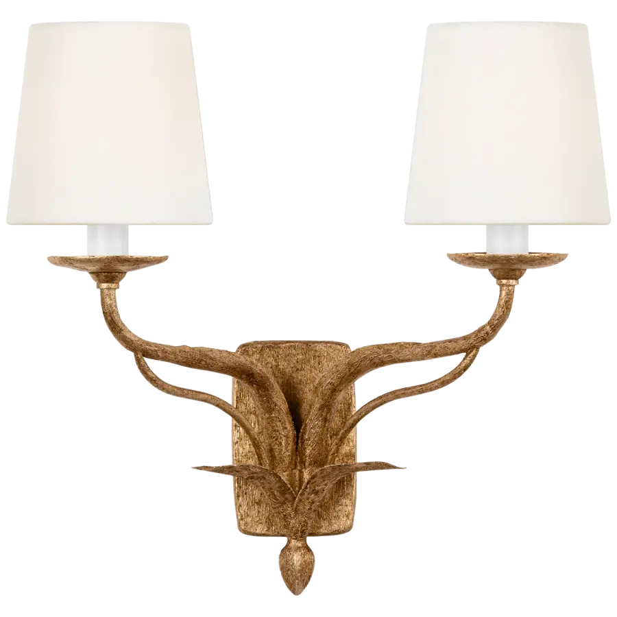 Elegant Double Sconce with Warm Gold Finish and Soft Linen Shades - Image 2