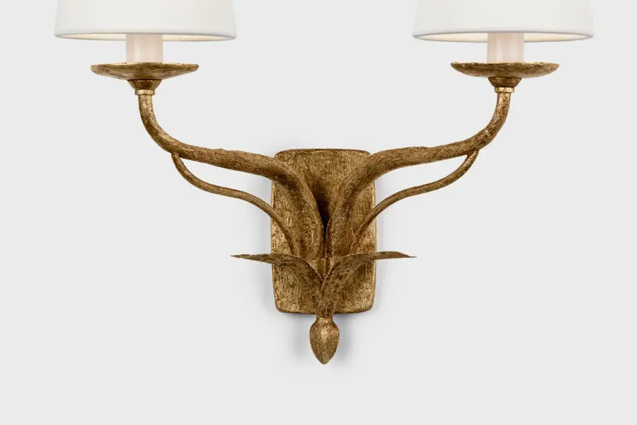 Elegant Double Sconce with Warm Gold Finish and Soft Linen Shades - Image 3