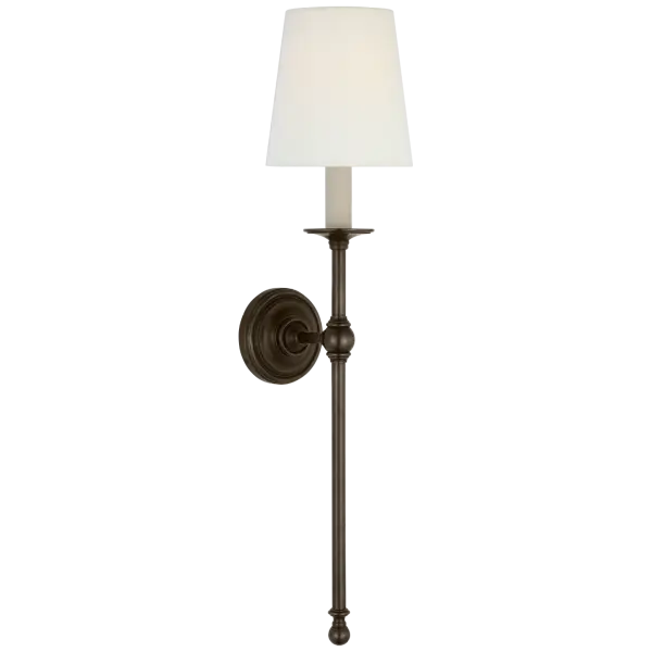 This 27-inch tail sconce combines classic design with versatile functionality. The bronze finish adds warmth while the linen shade provides soft, diffused lighting perfect for ambient illumination in traditional and transitional spaces.