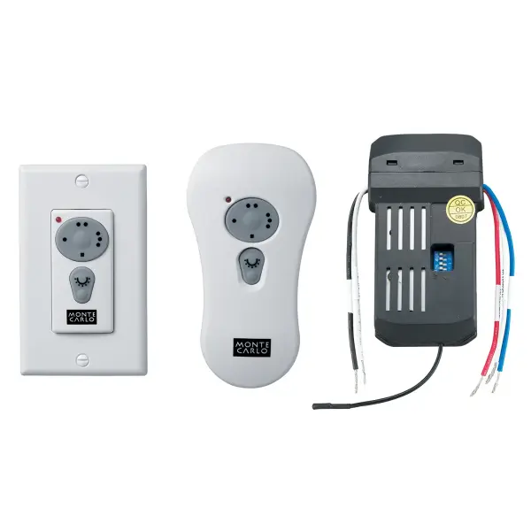 A dual-function remote control kit that mounts to the wall or operates as a handheld device. Provides convenient fan speed and light control from anywhere in the room. Compact white design blends seamlessly with modern interiors.