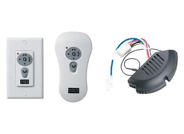 This universal remote control kit offers flexible installation as either a wall-mounted or hand-held controller, providing convenient fan operation from anywhere in the room. The clean white finish integrates seamlessly with modern interiors.
