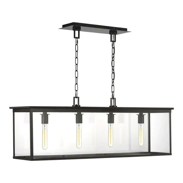 The Freeport outdoor chandelier by Chapman & Myers delivers modern sophistication for covered outdoor spaces. Its rectangular steel frame in Heritage Copper finish and clear glass shades create a striking focal point over outdoor dining areas.