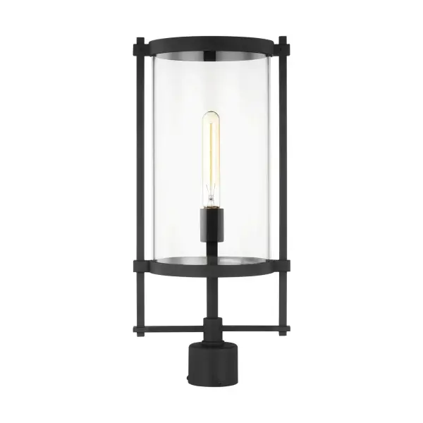 The Eastham post lantern combines contemporary styling with industrial elements through its distinctive metal crossbar framework. Clear glass and tubular filament bulbs create warm ambient lighting for outdoor spaces.