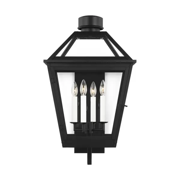 The Hyannis lantern brings timeless nautical charm to outdoor spaces with its copper-inspired profile, clear glass panels, and rivet-accented overlapping frame. Wet-rated for all weather conditions.