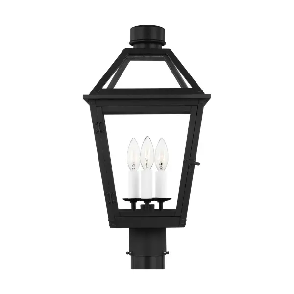 The Hyannis post mount brings historically inspired outdoor lighting with its copper lantern profile, clear glass panels, and rivet-accented metal frame. Wet-rated for durability in all weather conditions.