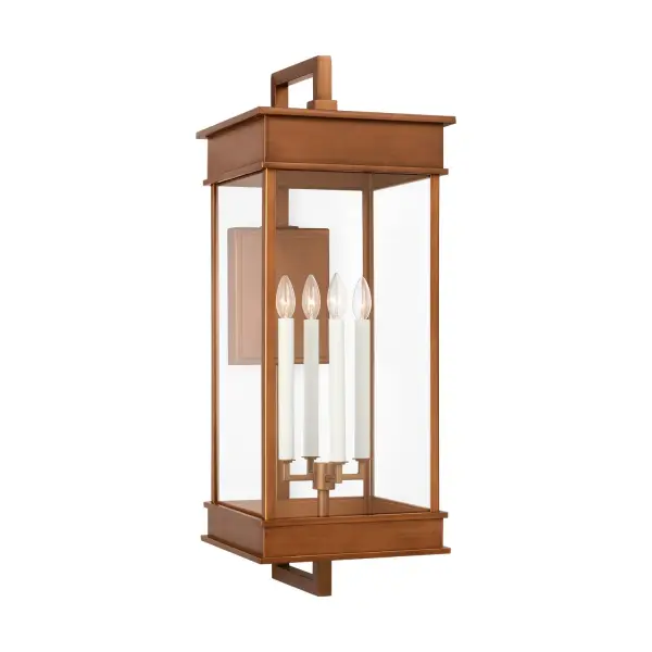 The Cupertino wall lantern by Chapman & Myers combines traditional candelabra styling with transitional rectangular form. Natural copper finish and stepped architectural details create timeless curb appeal.