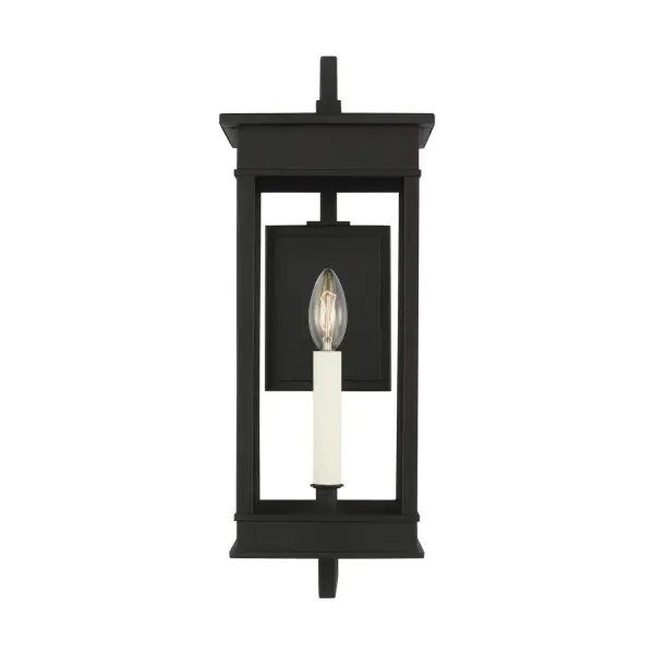 The Cupertino wall sconce by Chapman & Myers brings timeless elegance to outdoor spaces with its rectangular lantern profile and architectural stepped detailing. Features a traditional candelabra with cream candle tubes for authentic charm.