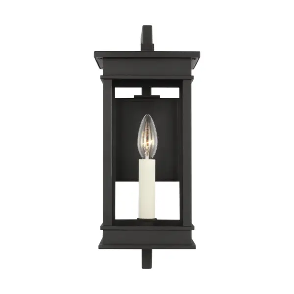 The Cupertino wall sconce by Chapman & Myers brings timeless lantern styling to outdoor spaces with a transitional twist. Its rectangular profile features stepped architectural detailing and a traditional candelabra design with cream candle tubes. The wet-rated fixture combines durability with classic elegance.