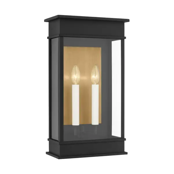 The Cupertino outdoor wall sconce by Chapman & Myers combines traditional lantern styling with modern durability. Features stepped architectural detailing and candelabra lighting for a refined outdoor aesthetic.