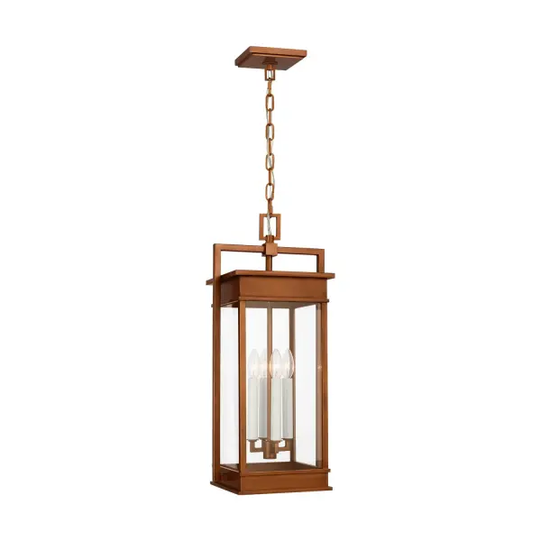 The Cupertino pendant by Chapman & Myers brings transitional elegance to outdoor spaces with its rectangular lantern profile, natural copper finish, and traditional candelabra design with cream candle tubes.