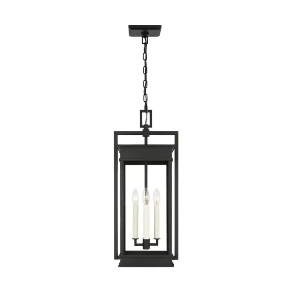 The Cupertino outdoor pendant combines traditional lantern styling with transitional sophistication. Its rectangular profile features stepped architectural details and cream candle tubes for an elegant outdoor lighting solution.