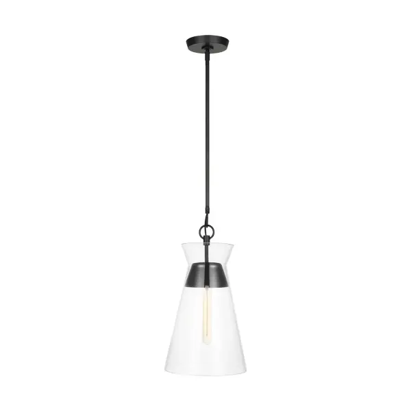 The Atlantic pendant combines timeless globe design with modern industrial styling. Clear glass showcases the floating bulb while aged iron hardware adds character. Perfect for creating visual interest in multiples or as a standalone statement.