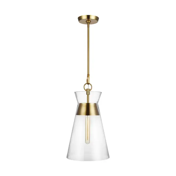 The Atlantic pendant combines timeless globe styling with modern floating lamp technology. Clear glass showcases the suspended bulb while warm burnished brass hardware adds sophistication. Compact size makes it ideal for multiples.