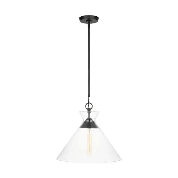 The Atlantic pendant combines industrial hardware with refined clear glass for a sophisticated look. The floating bulb creates visual interest while the aged iron finish adds warmth. Versatile enough for traditional or modern spaces.