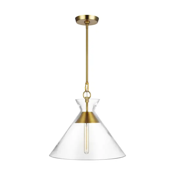 The Atlantic pendant combines timeless globe form with modern floating bulb design. Rich burnished brass hardware and clear glass create sophisticated visual interest. Works beautifully solo or in multiples over islands and dining tables.