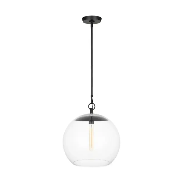 The Atlantic pendant combines timeless globe design with modern industrial styling. Clear glass showcases floating lamping while aged iron hardware adds character. Versatile enough for traditional or contemporary spaces.