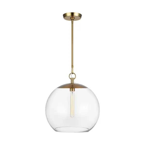 The Atlantic pendant combines timeless globe styling with modern floating lamp technology. Clear glass showcases the suspended bulb while burnished brass hardware adds warmth. Versatile enough for multiples over islands or singular statement pieces.