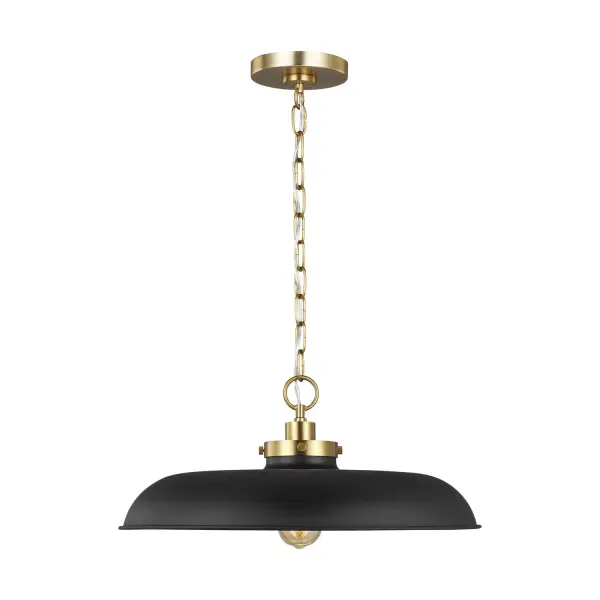 The Wellfleet pendant combines timeless factory-inspired design with refined finishes. Its 20-inch midnight black dome shade paired with burnished brass hardware creates visual interest while maintaining versatility across traditional and modern spaces.