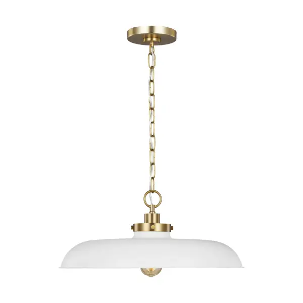 The Wellfleet pendant combines timeless factory-inspired design with contemporary finishes. Its generous 20-inch dome provides substantial presence while the matte white and burnished brass pairing adds warmth and sophistication.