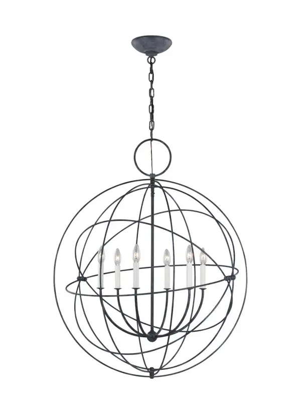 The Bayberry pendant transforms the classic armillary sphere into a stunning lighting statement. Its thin metal rings and weathered galvanized finish create an open, architectural presence that feels both industrial and refined.
