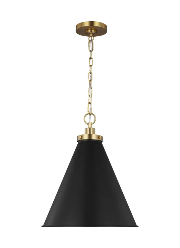 The Wellfleet pendant by Chapman & Myers blends industrial utility with refined farmhouse charm. Its midnight black dome shade paired with burnished brass collar creates striking contrast, while the generous 15.6" width makes it ideal for kitchen islands and dining spaces.