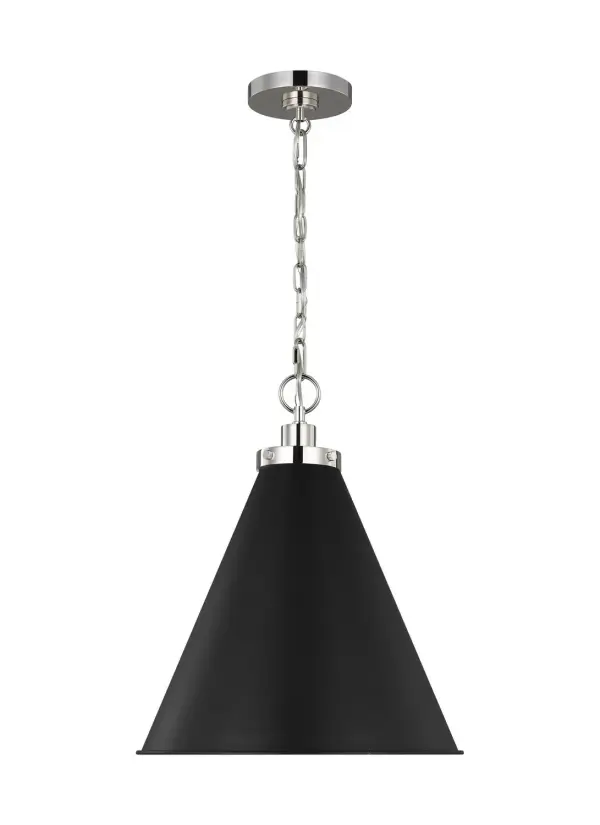 The Wellfleet pendant by Chapman & Myers blends industrial utility with refined details. The midnight black dome shade paired with polished nickel hardware creates sophisticated contrast perfect for modern farmhouse or transitional spaces.