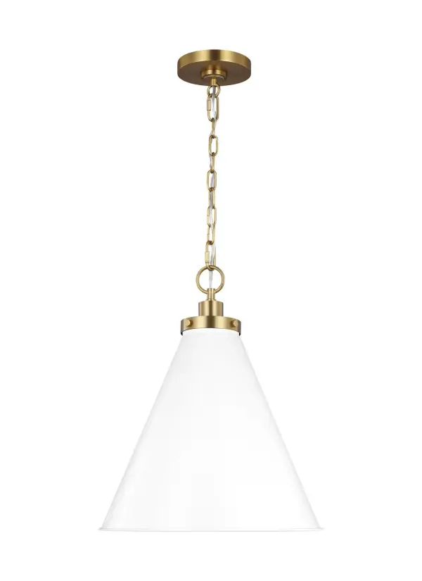 The Wellfleet pendant by Chapman & Myers delivers authentic industrial-farmhouse style with its matte white dome shade and burnished brass hardware. Versatile sizing and damp rating make it suitable for various residential and light commercial spaces.