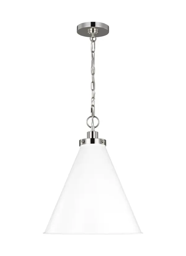 The Wellfleet pendant by Chapman & Myers brings timeless factory and barn lighting aesthetics to modern spaces. Its matte white dome shade paired with polished nickel hardware creates a fresh, versatile look that bridges industrial and farmhouse styles.