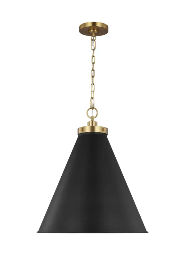 The Wellfleet pendant by Chapman & Myers combines timeless factory-inspired design with refined finishes. The 19.5-inch midnight black dome shade paired with burnished brass hardware creates visual interest while maintaining versatility across traditional and contemporary spaces.